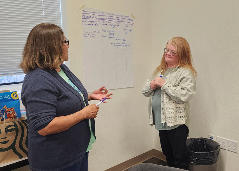 Two educators holding markers discussing goal and objectives in front of a poster.