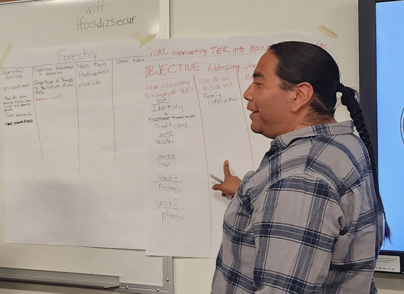 Educator holding a marker and pointing to paper taped to the wall with goals and objectives written out.