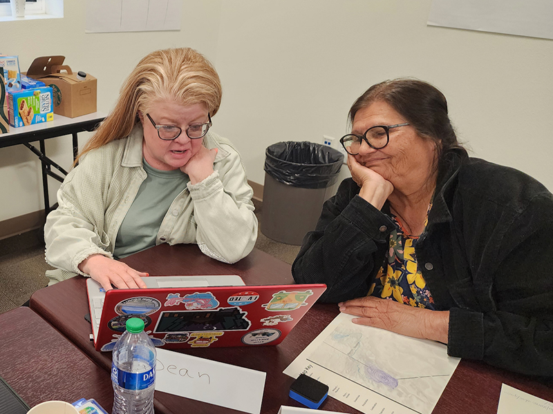 Educators working together on a laptop on a table. 