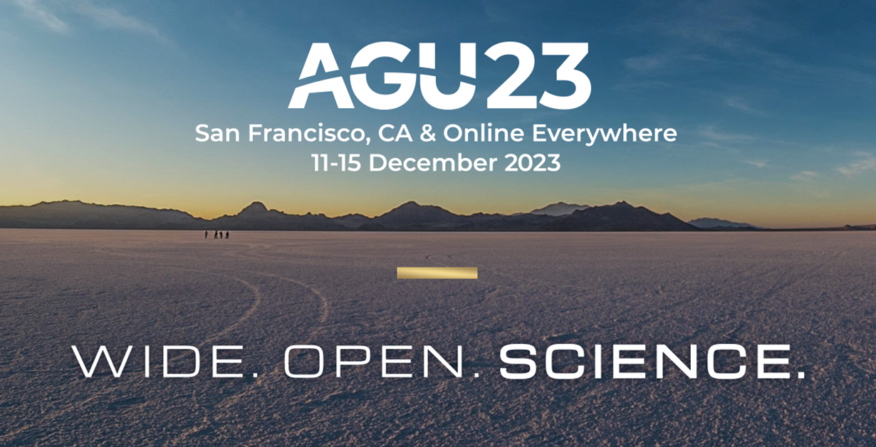 Image of the desert playa with overlay of text: AGU23 San Francisco, CA and Online 11-15 December 2023.