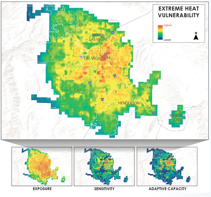 Map of Las Vegas Valley indicating extreme heat vulnerability with the highest area over eastern Las Vegas area.  