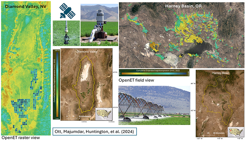 Collage that includes images of a pumping station, sprinkler system, and satellite maps of studied areas. 