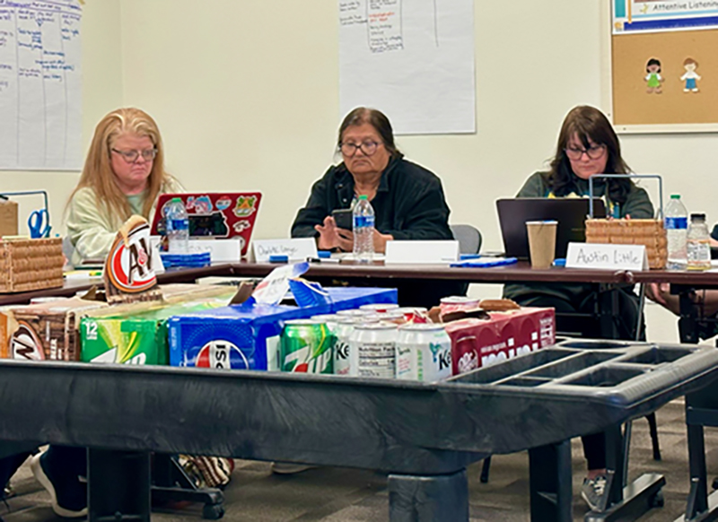 Educators working at a table. One on their mobile device and the others on laptops. Refreshments are seen in the foreground.