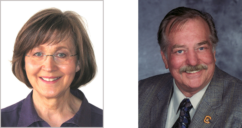 Headshot of Elizabeth wearing glasses and a polo shirt and headshot of John with a mustache and wearing a suit and tie. Both are smiling at the camera. 