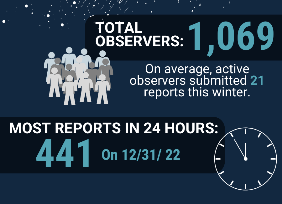 Total observers: 1,069. Most reports in 24 hours: 441 on 12/31/22.