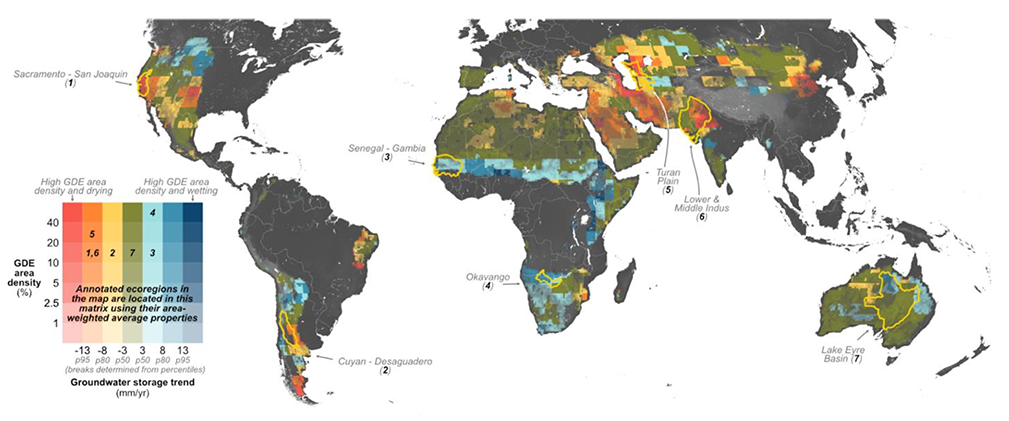 Map of the world with colors ranging from red to blue to indicate groundwater loss. 