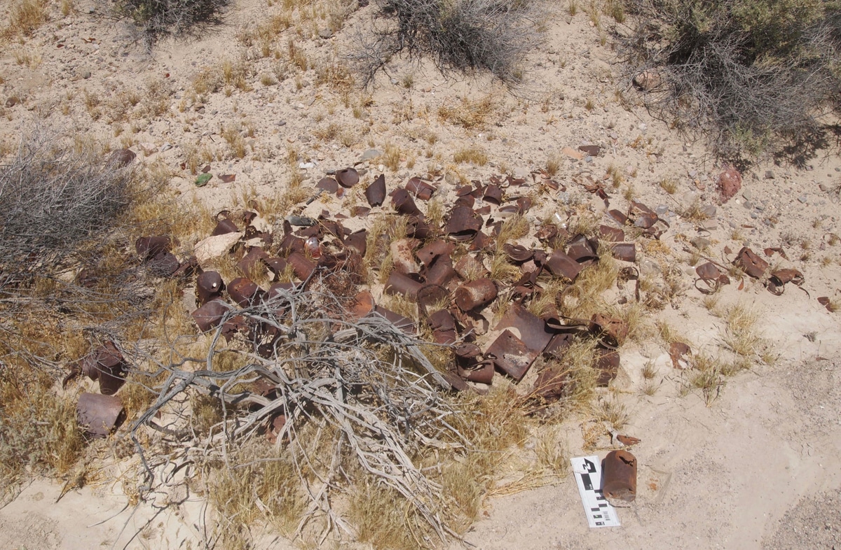 Rusted cans at a field site in San Bernadino County, CA.