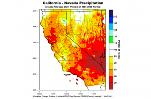 Precipitation map of California and Nevada for winter 2020-2021 shows below-average precipitation levels