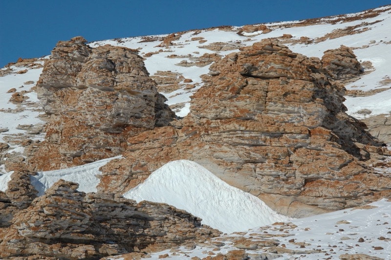 An outcrop of Antarctic sandstone at one of Henry Sun's field sites.